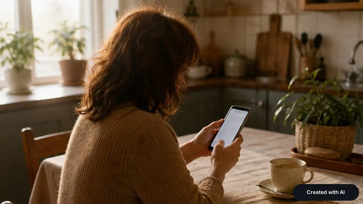 A woman at a kitchen table holding a phone, a cup of coffee beside her