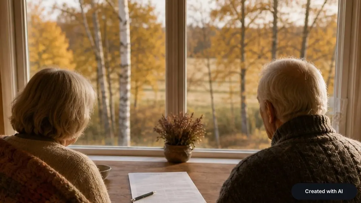 An older couple sitting by a window looking out at autumn trees, a sheet of paper on the table
