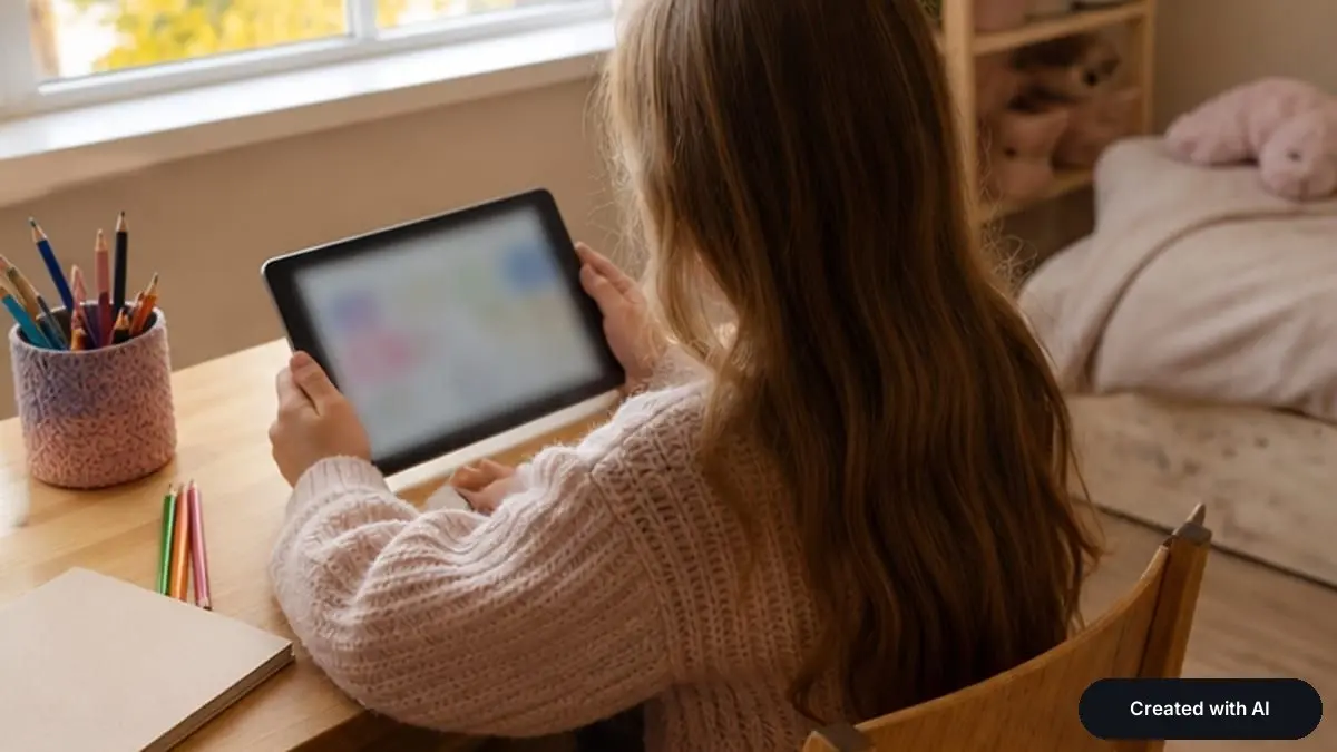 A girl at a desk solving a puzzle on a tablet, colored pencils beside her