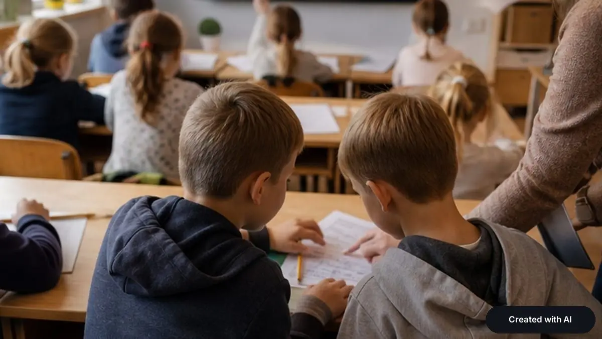 Children working on puzzles at their desks in a classroom