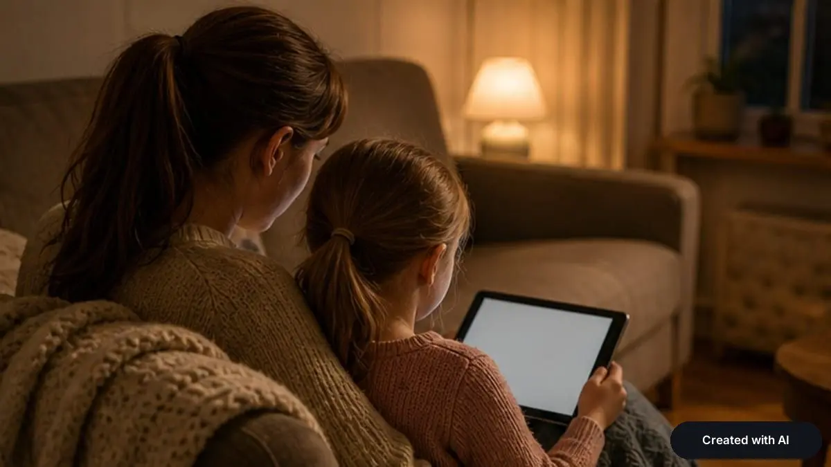 A mother and daughter on a sofa solving a puzzle on a tablet