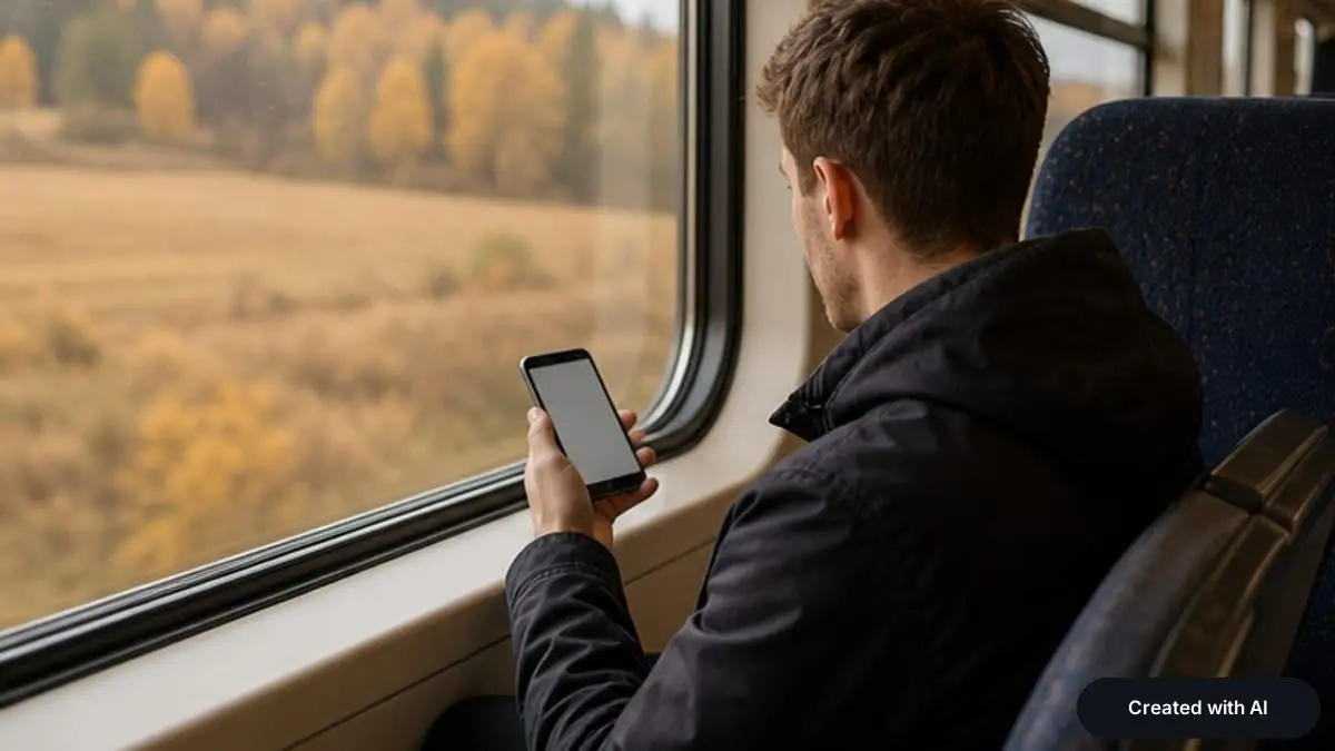 A man on a train looking at his phone, autumn fields outside the window