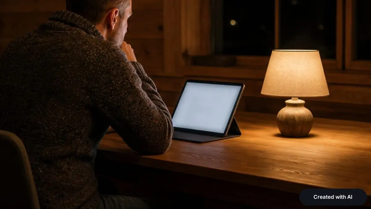 A man at a desk at night with a lamp and a tablet
