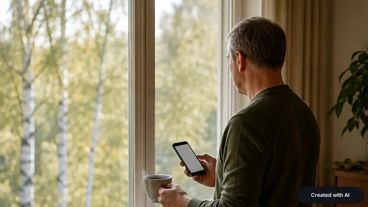 A man by a window holding a coffee mug and a phone