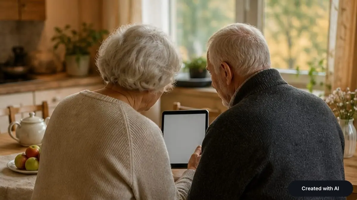 An older couple at a kitchen table looking at a tablet together