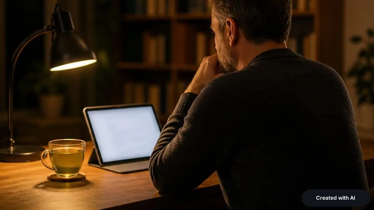 A man at a desk with a cup of tea and a tablet in a warmly lit room