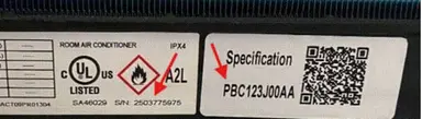 Model PBC123J00AA label example