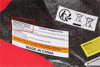 Ref/Lot# 2025A1101' and "Production: 2025/11" are printed on a label on the inside of the recalled Victgoal children's helmet