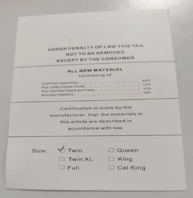 The size is printed on the sewn-in label of the recalled WinxMatrs mattress