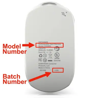 Model number "H163650" and the batch number are printed on the underside of the recalled HotHands rechargeable hand warmers