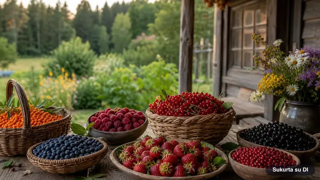 Baskets and bowls filled with freshly picked strawberries, blueberries, raspberries, currants, lingonberries, and sea buckthorn on a rustic table (AI-generated illustration)