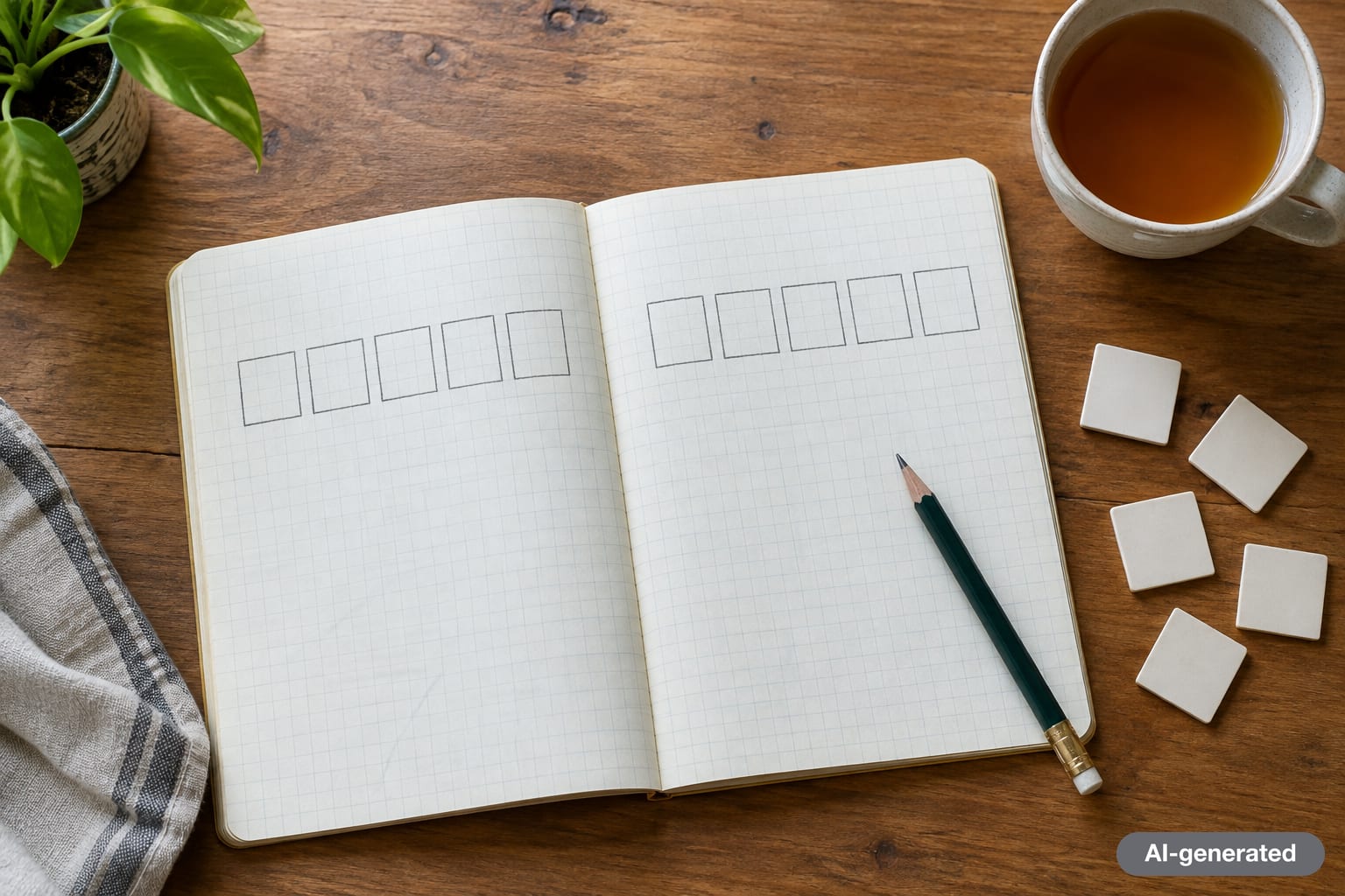 A notebook with empty five-square grids and blank tiles beside it