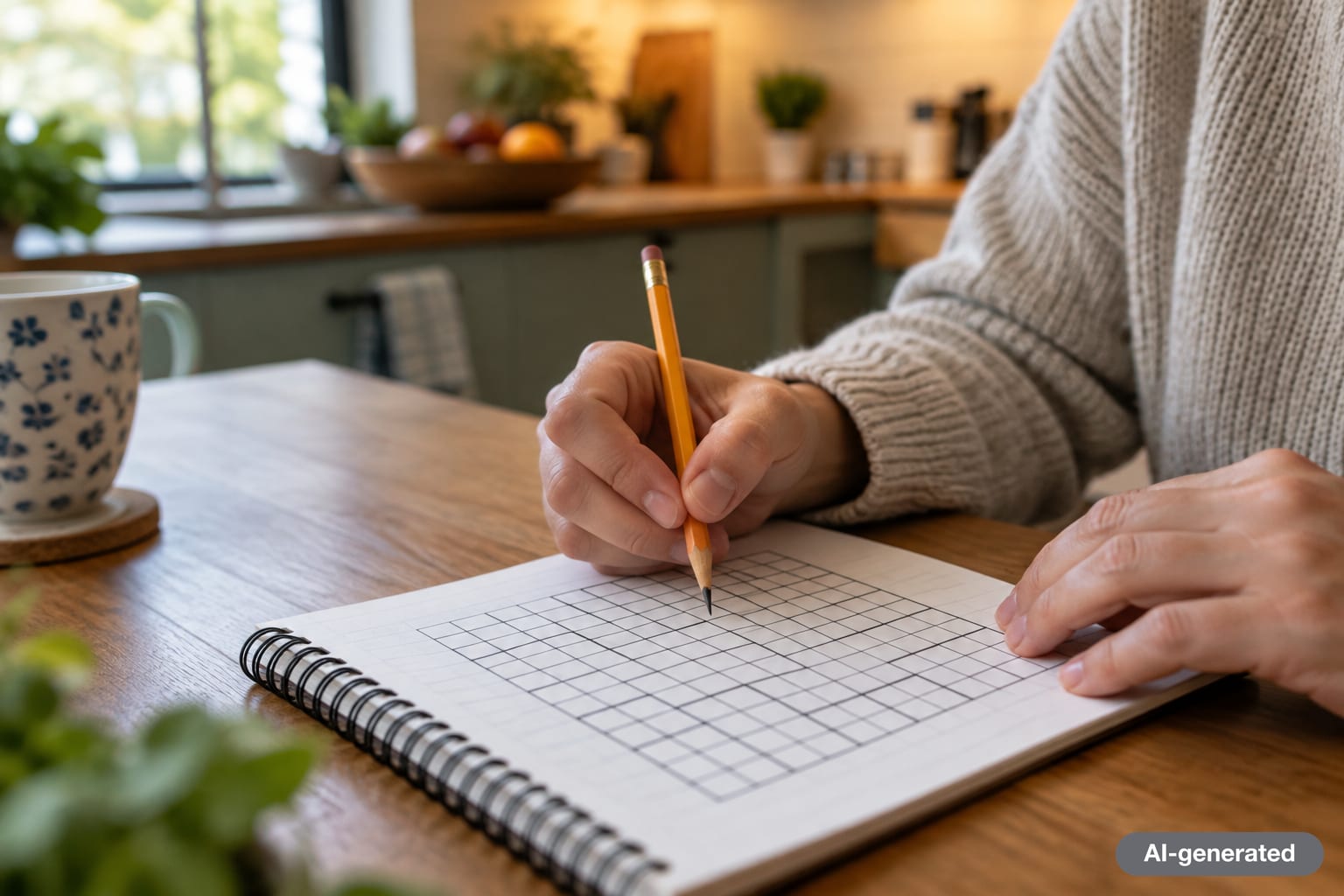 Hands with a pencil over an empty puzzle grid in a notebook