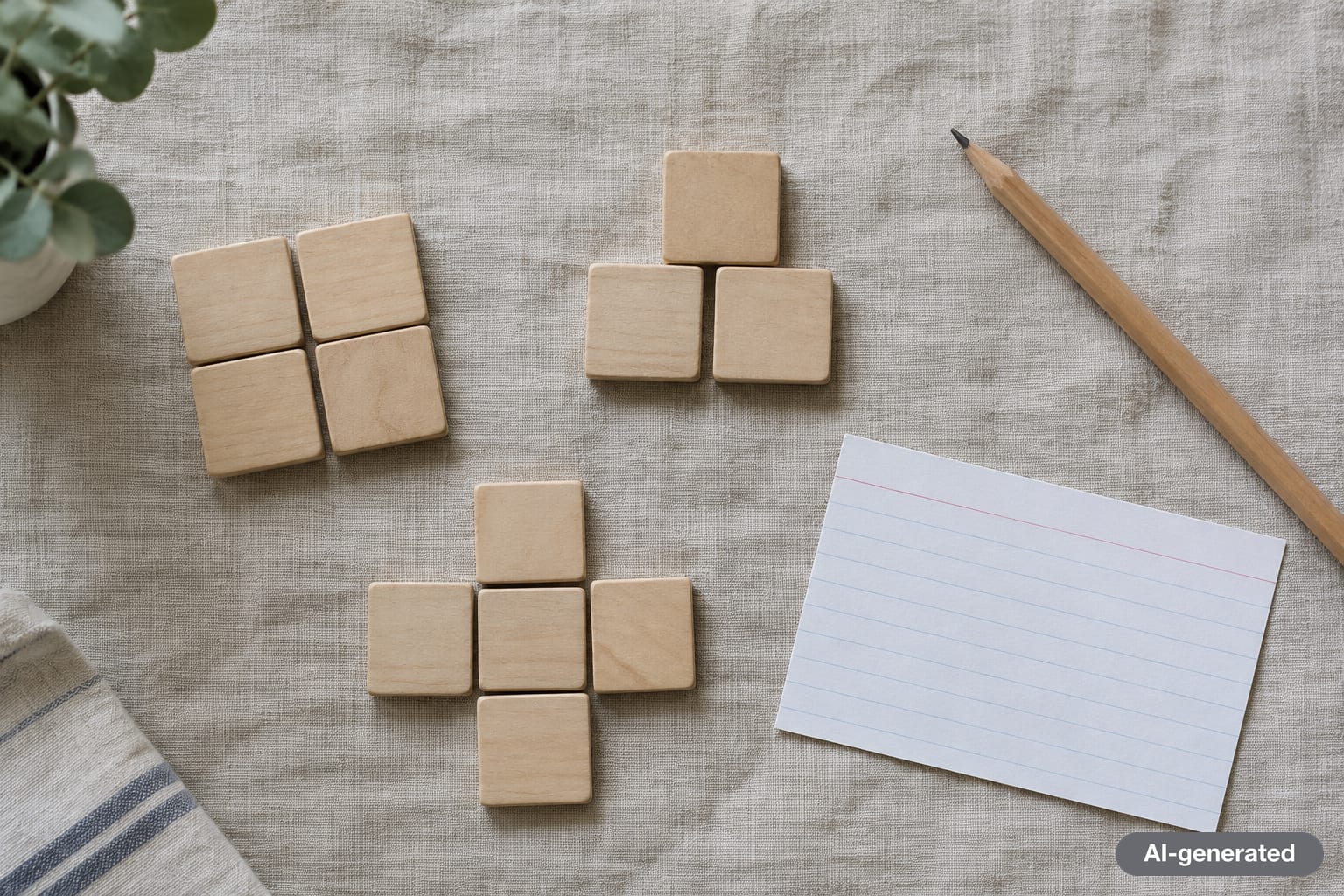 Three groups of blank wooden tiles on a linen cloth beside a pencil