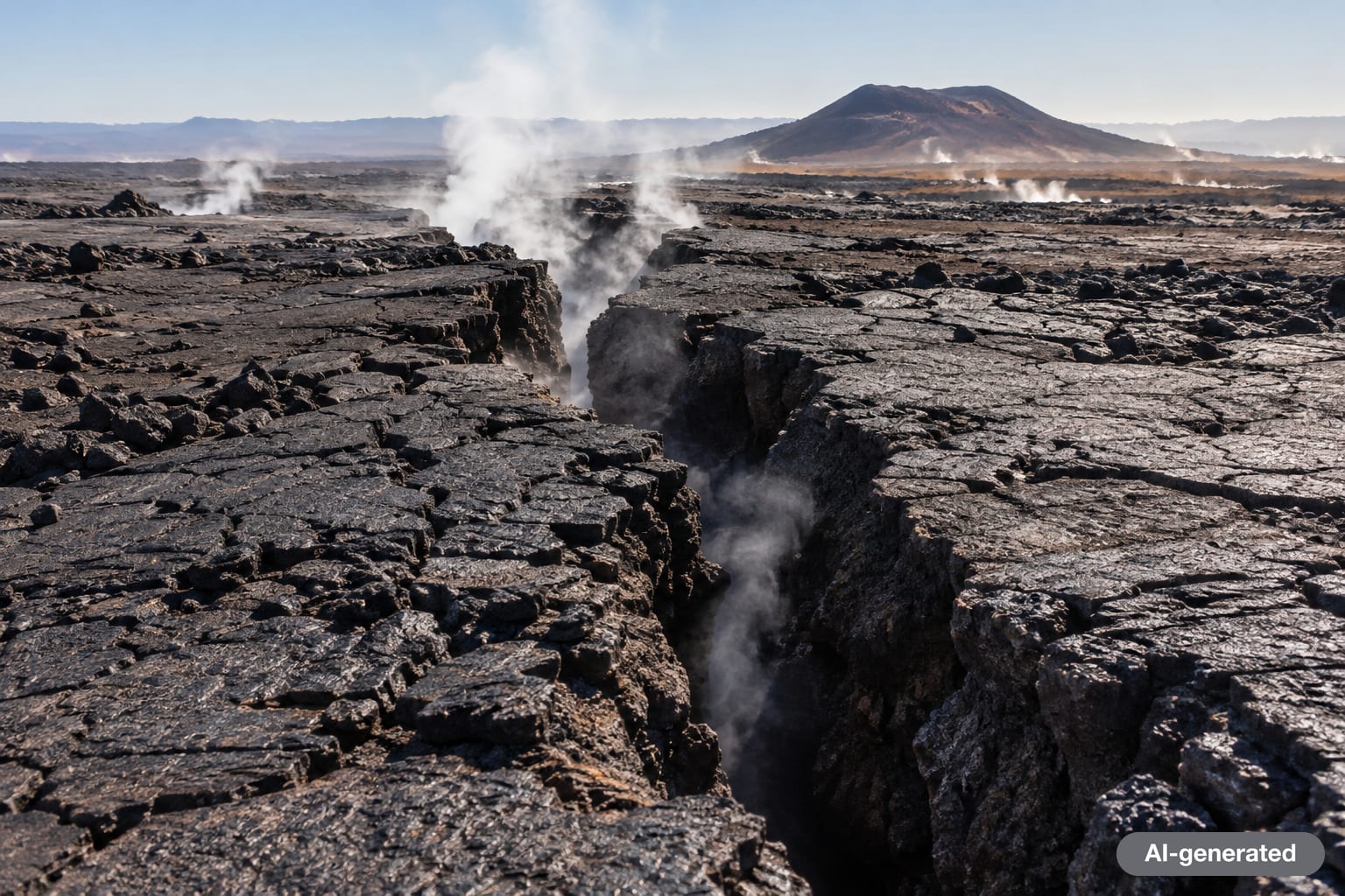 Long fissure cutting across a dry volcanic plain in the Afar region of Ethiopia under hazy light
