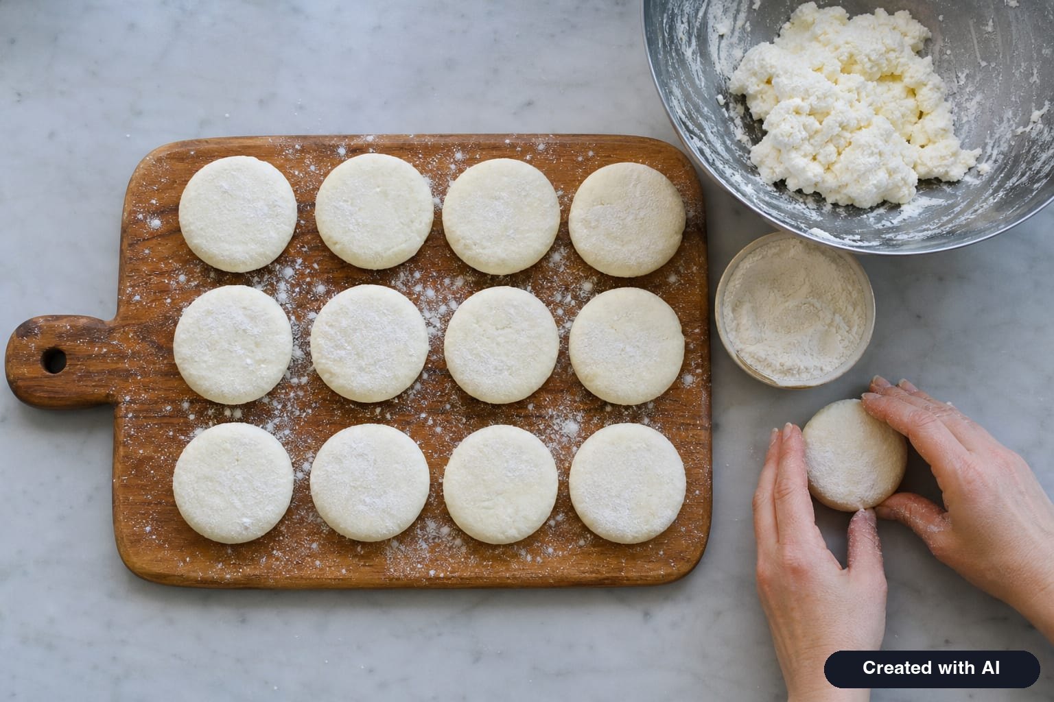 Shaped and flour-dusted raw syrniki on a wooden board before baking in an air fryer