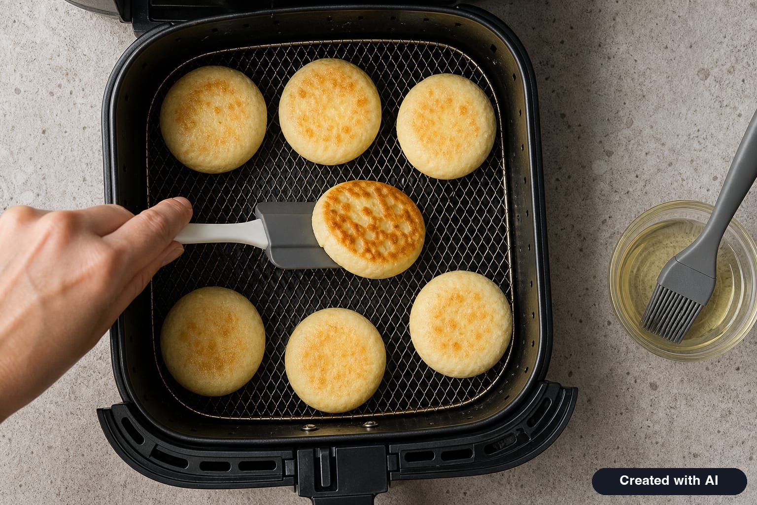 Syrniki in an air fryer basket, arranged in a single layer with gaps, halfway through baking