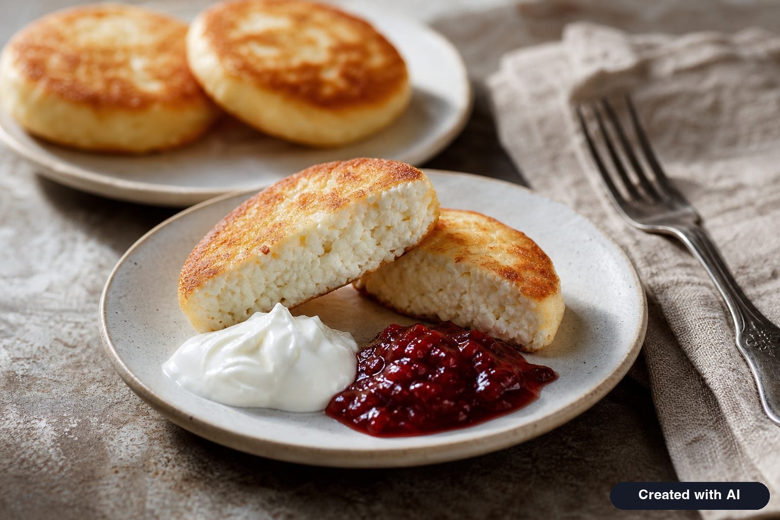 An air fryer syrnik cut open to show its soft center, served with sour cream and jam