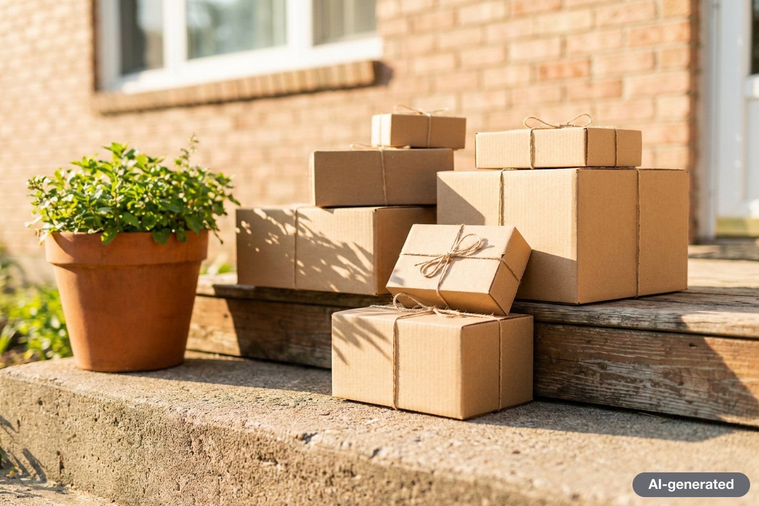 A stack of cardboard delivery boxes on a doorstep beside a potted plant in morning light