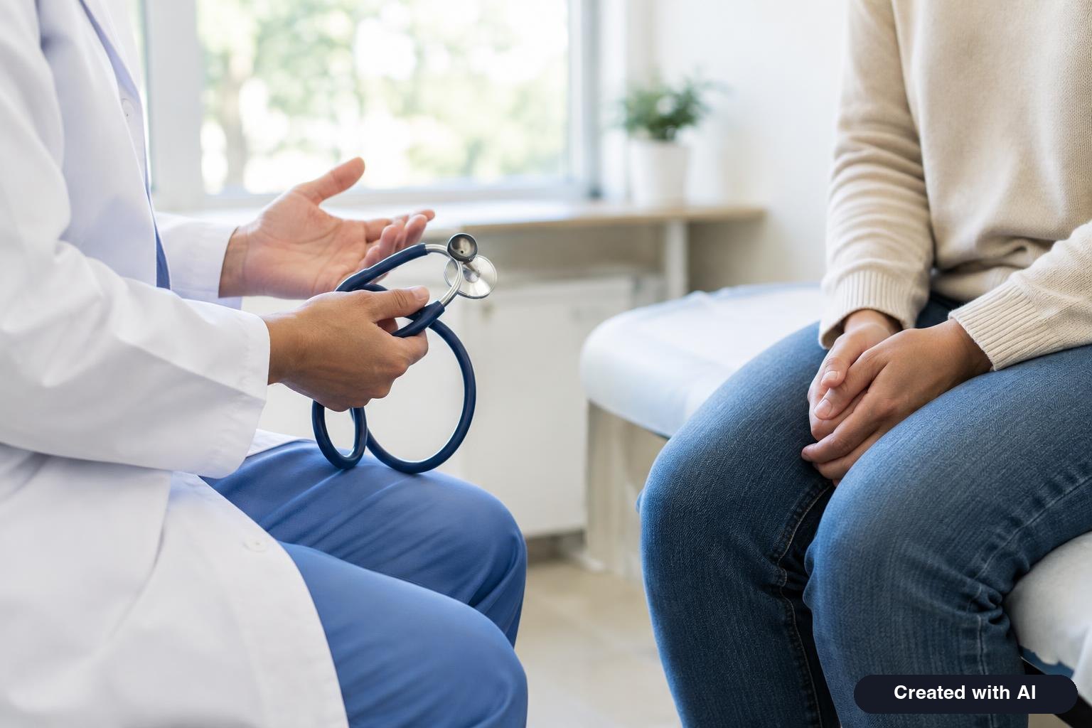 A doctor holding a stethoscope talking with a patient, faces not visible
