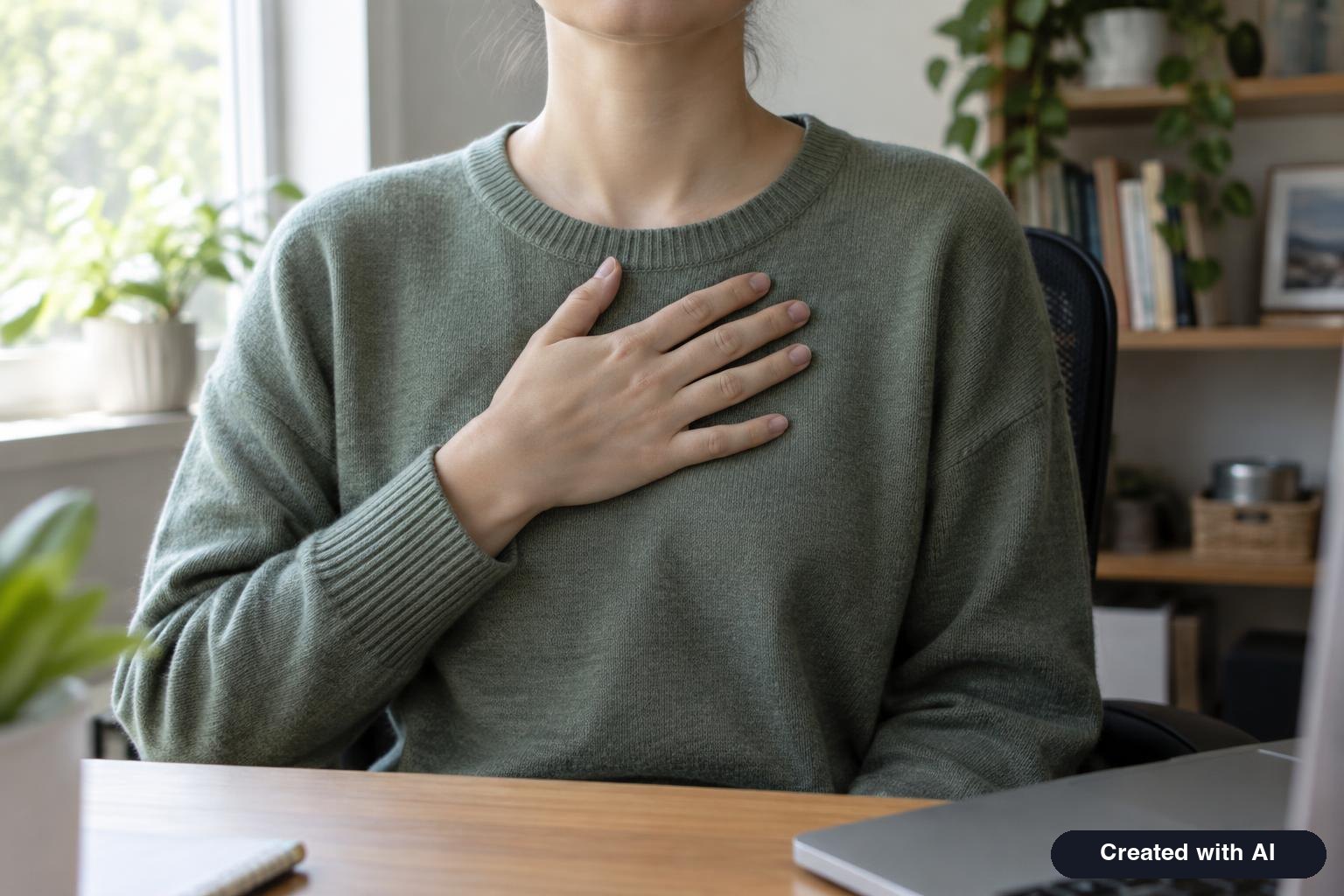 A person pressing a hand to the chest while sitting at a desk, face not visible