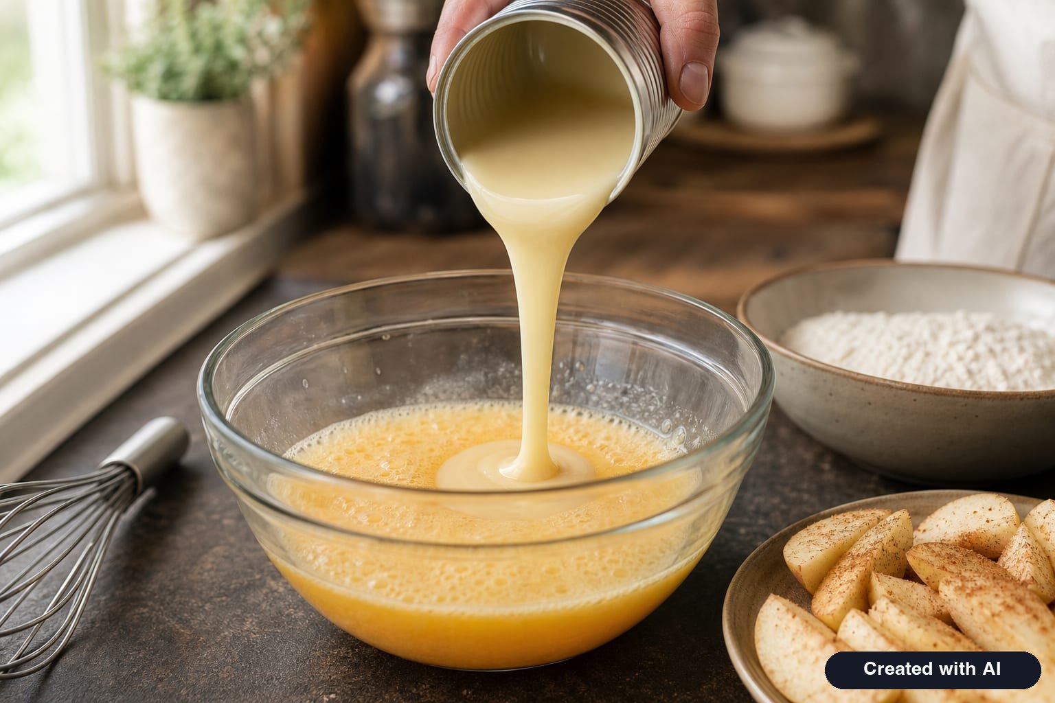 Condensed milk poured into beaten eggs in a glass bowl, with flour and cinnamon-spiced apple slices nearby