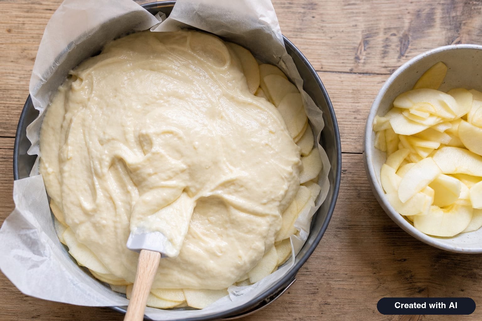 A layer of apple slices in a round baking pan covered with thick condensed milk batter