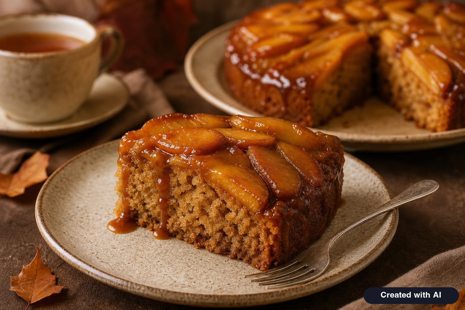 A slice of apple cake with a glossy layer of dulce de leche caramel and caramelized apple slices