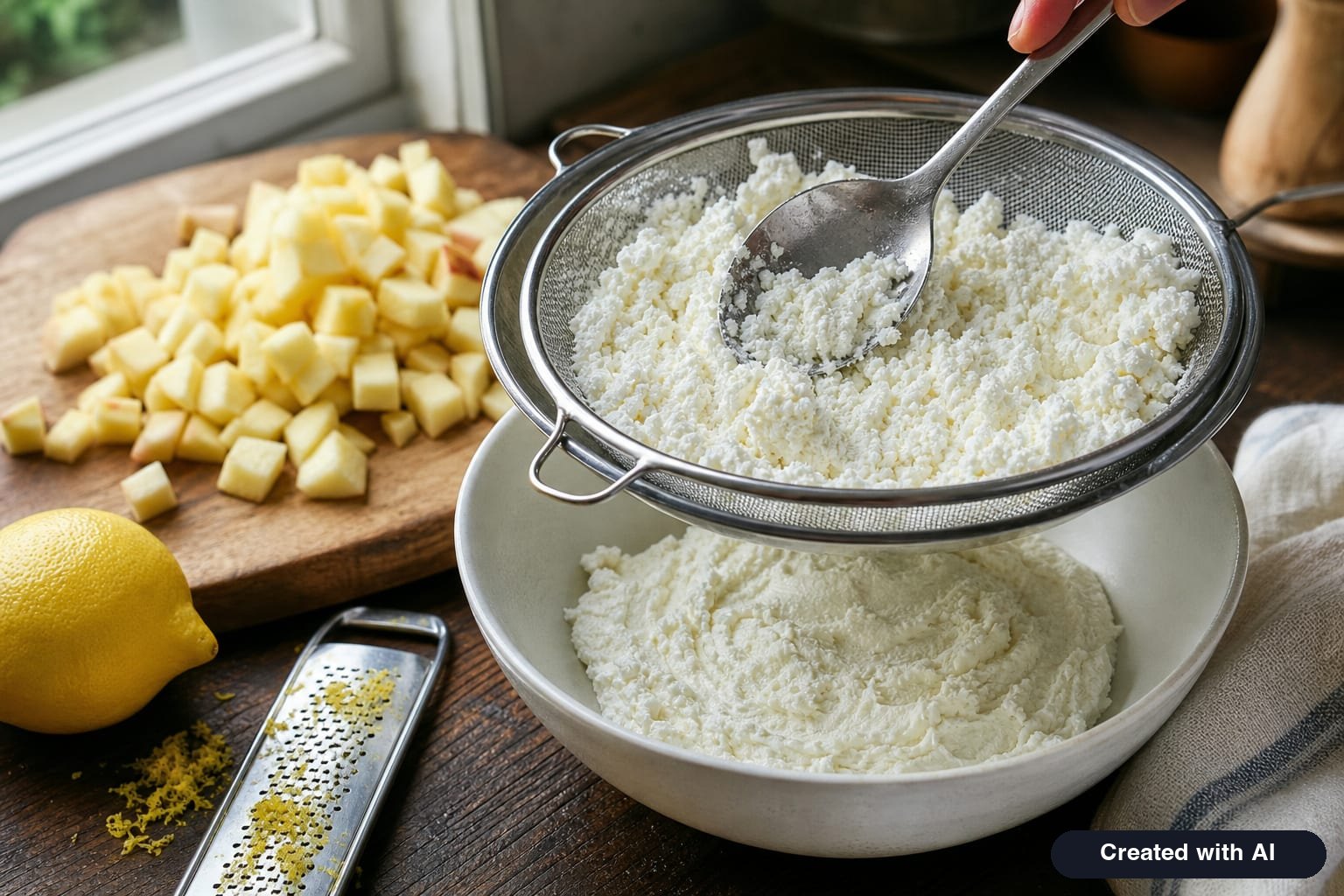 Farmer cheese pressed through a sieve, next to grated lemon zest and diced apples