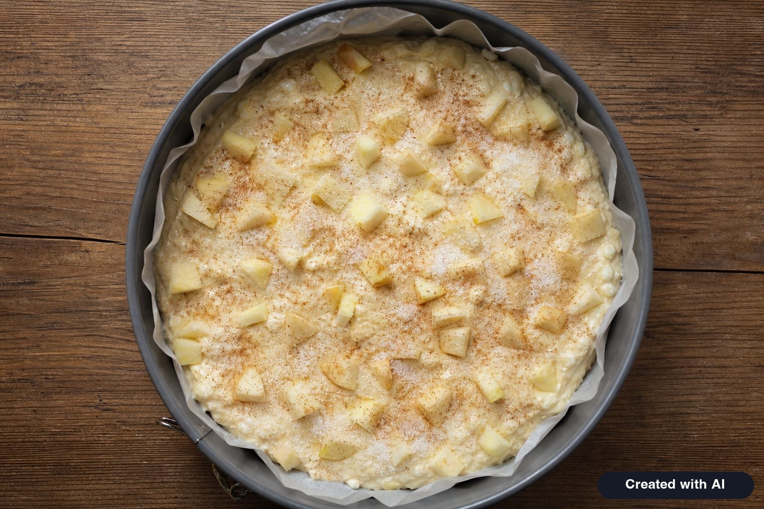 Cheese and apple cake batter in a 9½-inch (24 cm) baking pan, topped with diced apples, sugar, and cinnamon