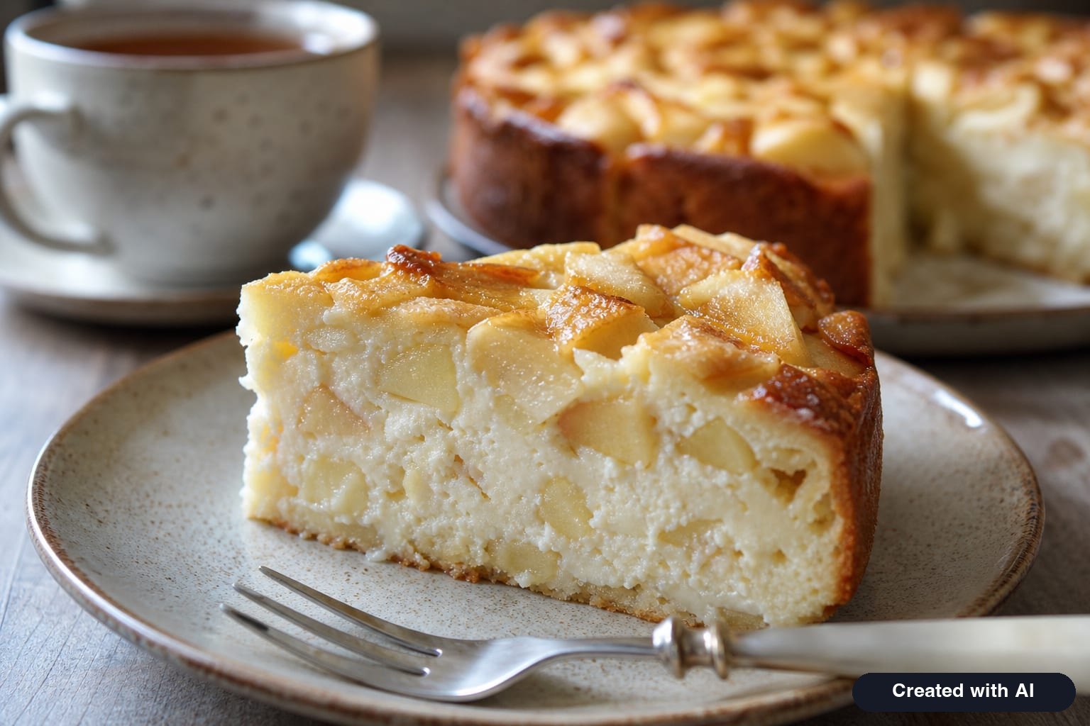 A slice of apple cottage cheese cake on a plate—moist creamy center with apple cubes