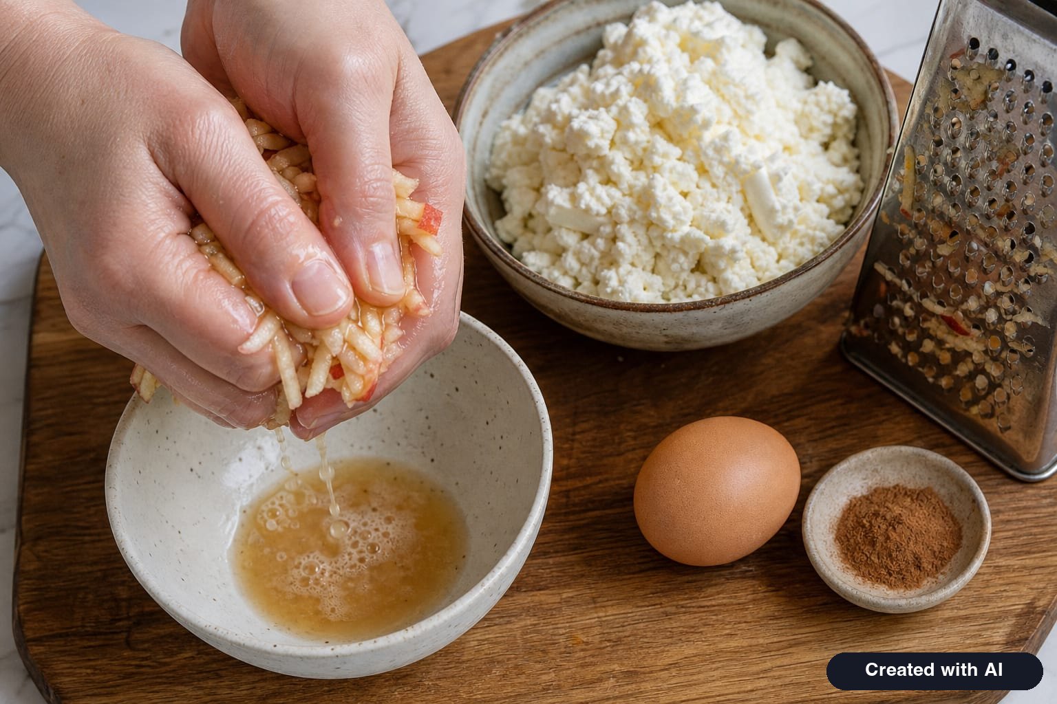 Coarsely grated apples being squeezed in a hand over a bowl, next to mashed farmer cheese for apple cottage cheese pancakes