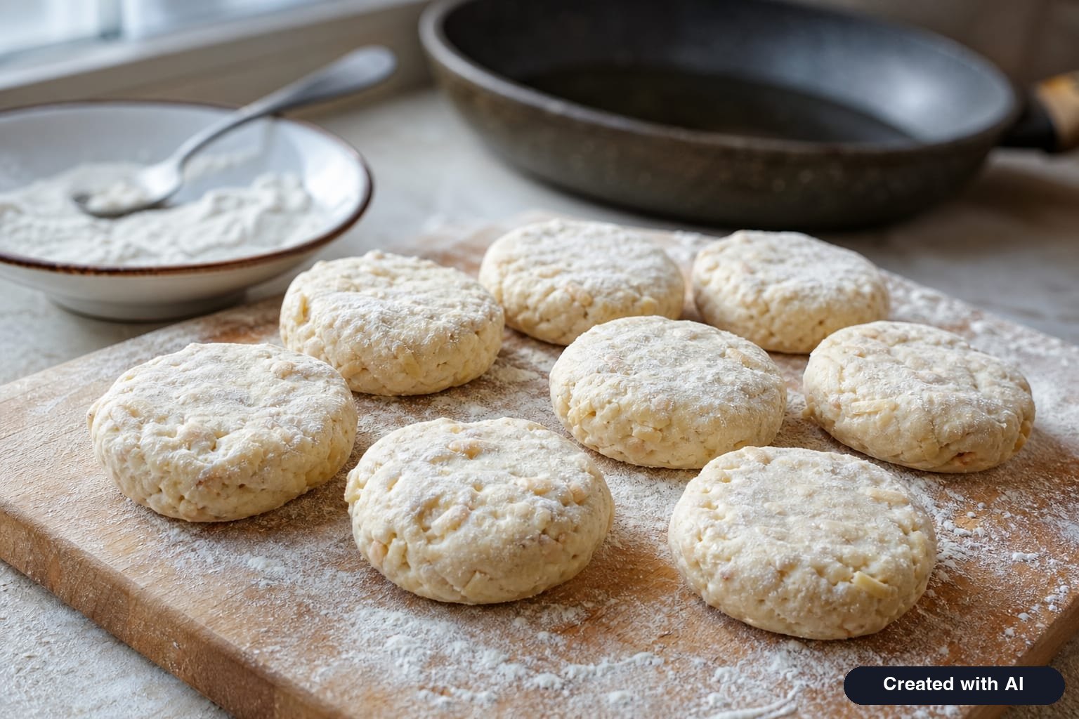 Uncooked apple cottage cheese pancakes dredged in flour on a board, grated apples and cinnamon visible in the batter