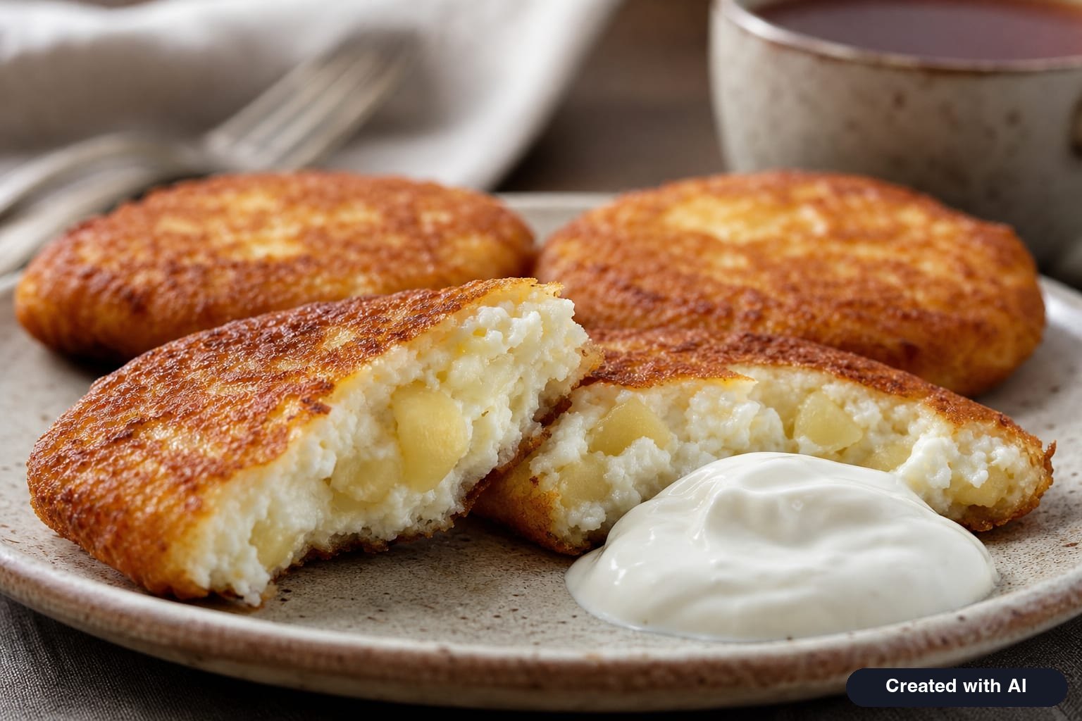 A fried apple cottage cheese pancake broken open on a plate: golden crust, soft inside with apple pieces, and a spoonful of sour cream