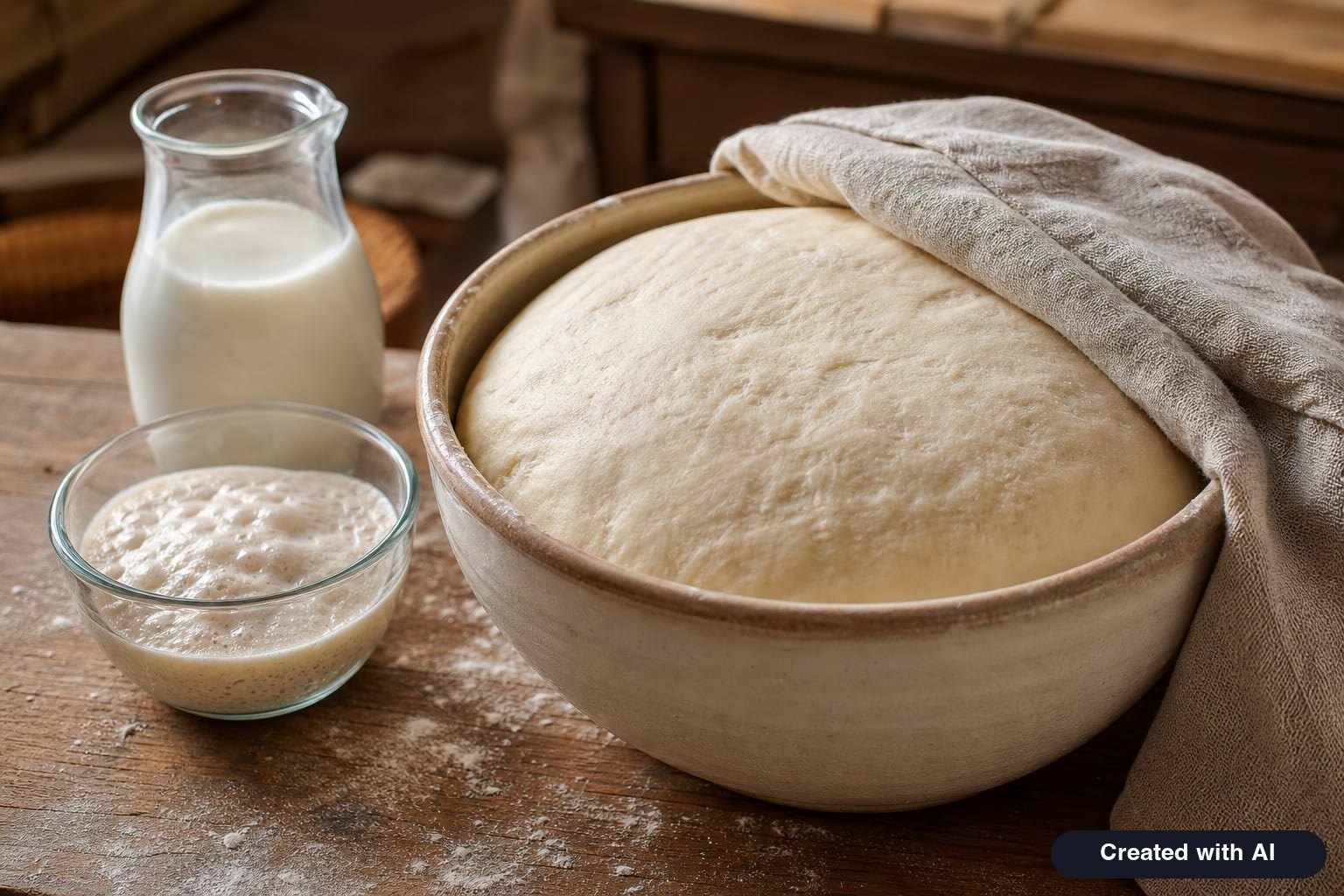 Risen yeasted dough in a large bowl, covered with a linen towel, next to the starter and milk