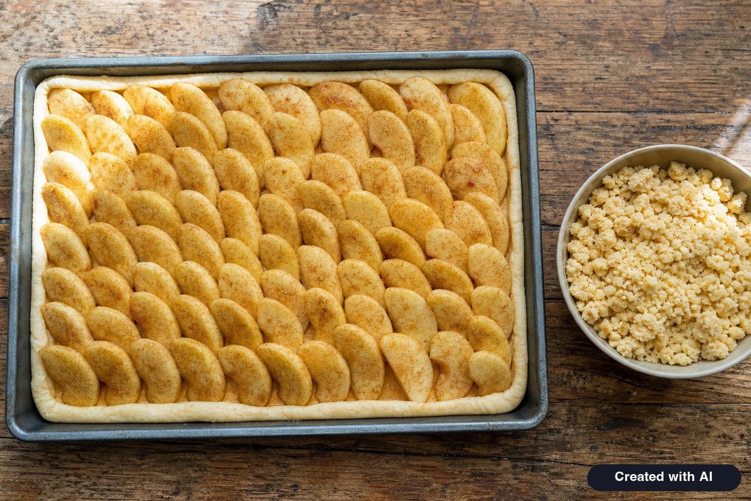 Yeasted dough in a baking sheet, tightly covered with cinnamon apple slices, next to a bowl of buttery streusel