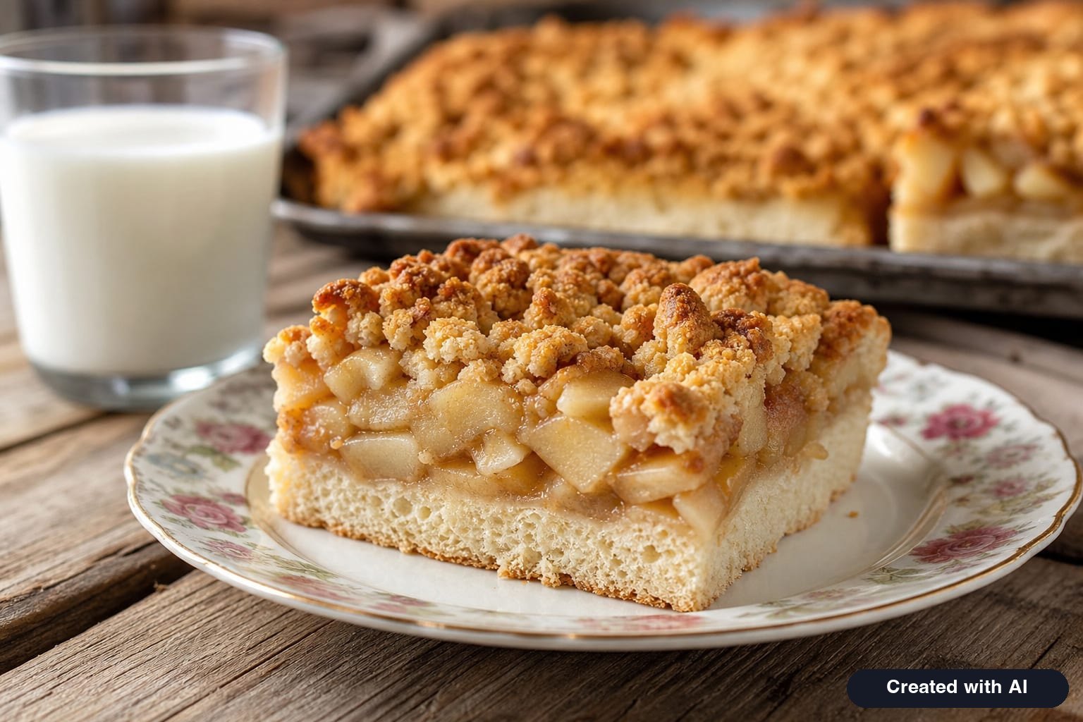 A square of old-fashioned yeasted apple crumb cake on a plate: fluffy yeasted dough, thick apple layer, and crispy streusel