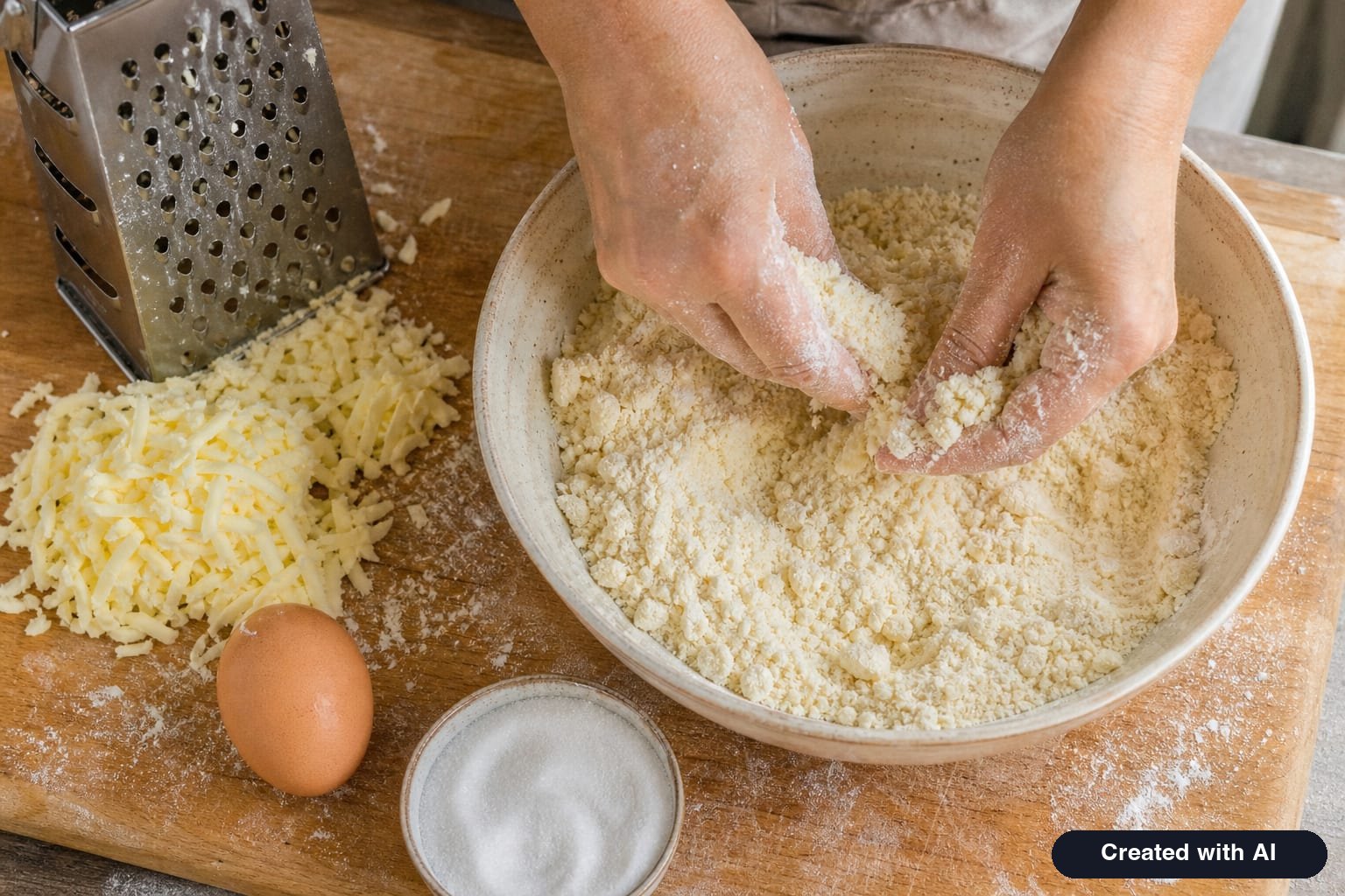 Cold butter rubbed with flour into large crumbs for an apple crumble pie