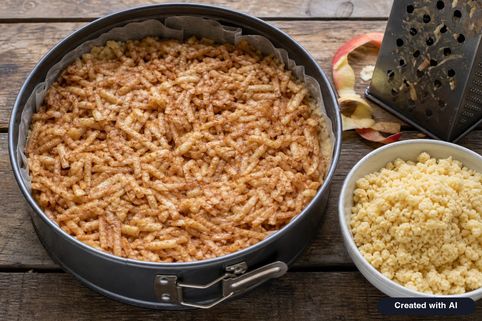 Crumb base pressed into a baking pan with a layer of grated apples and cinnamon before adding the top crumbs