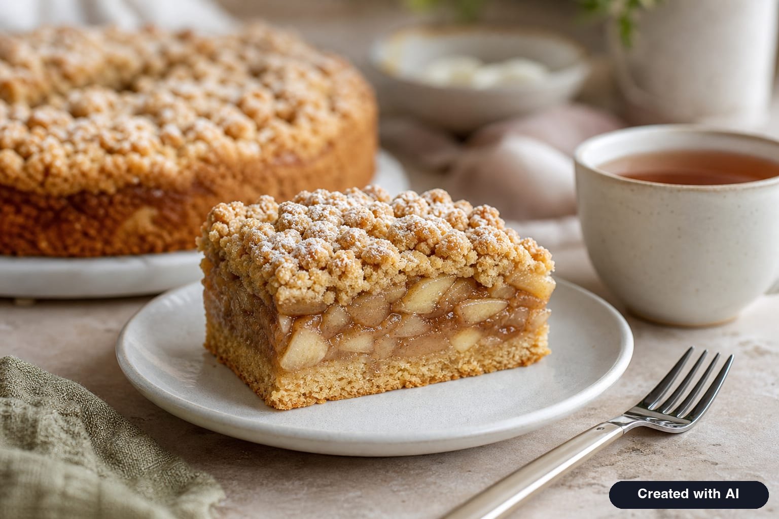 A slice of apple crumble pie showing three layers: a crumbly base, a thick apple filling, and a crumb top with powdered sugar