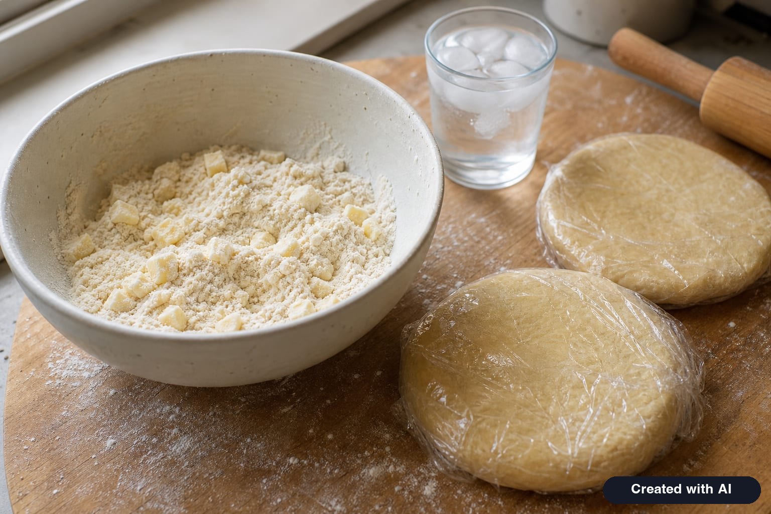 Flour with cold butter cubes in a bowl, a glass of ice water, and two pie dough disks wrapped in plastic wrap