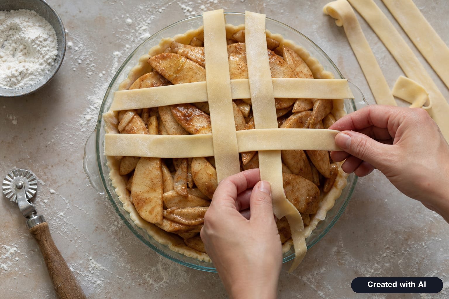 Unbaked American apple pie in a glass dish—a lattice crust being woven over cinnamon and sugar-coated apples