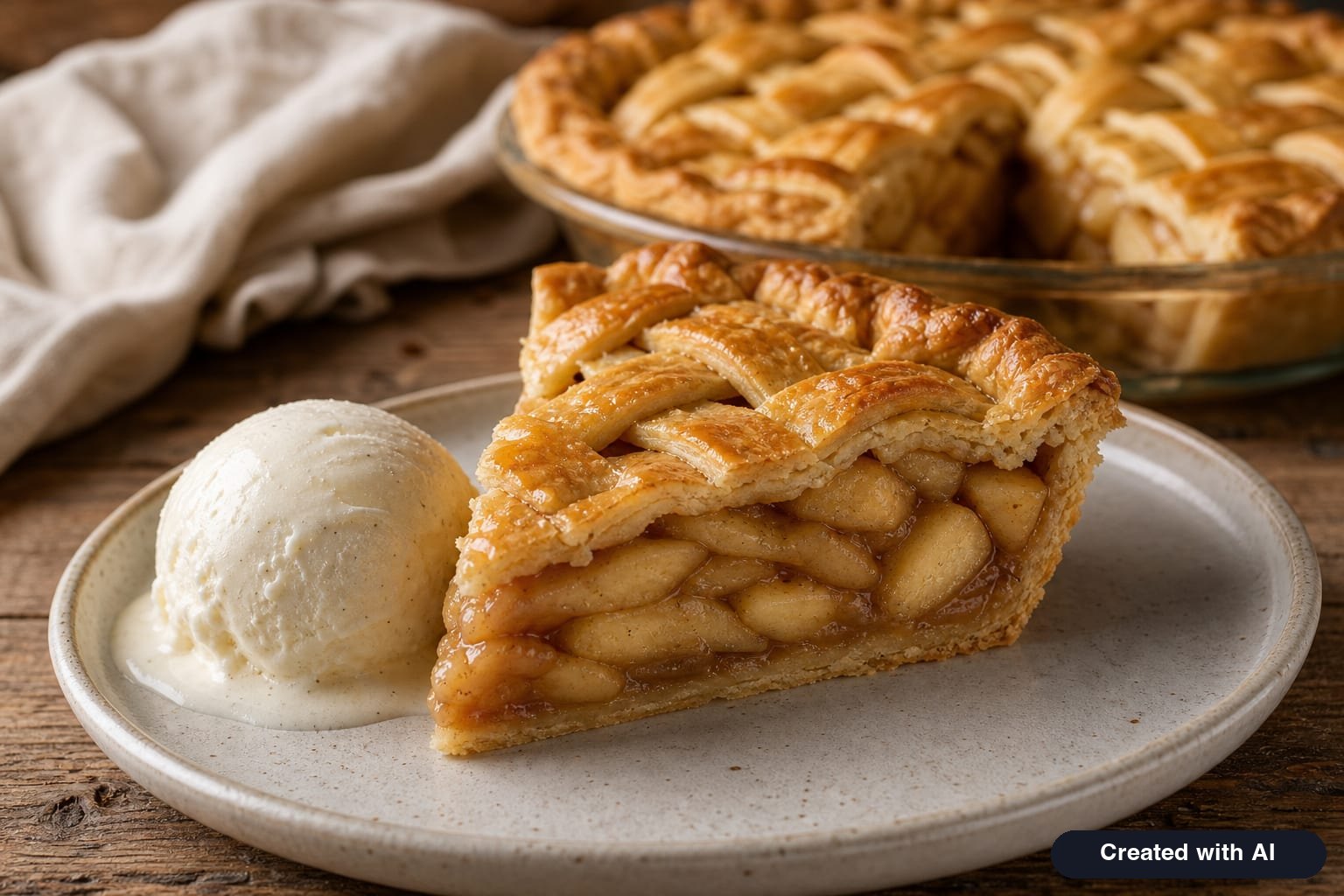 A slice of American apple pie with a thick, shape-holding apple filling and flaky crust, served with a scoop of vanilla ice cream