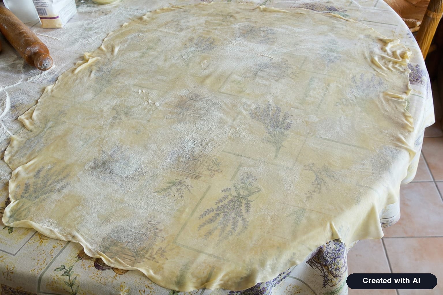 Paper-thin stretched strudel dough on a flour-dusted tablecloth, with the tablecloth pattern visible through it