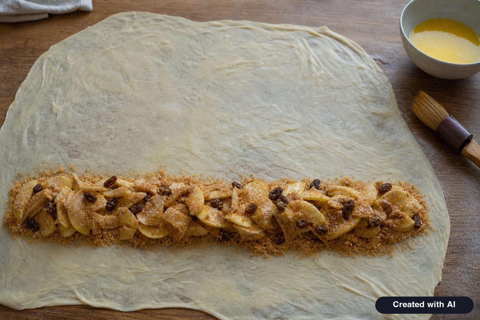 A strip of toasted breadcrumbs topped with apple slices, raisins, and cinnamon on stretched strudel dough, with melted butter and a pastry brush nearby