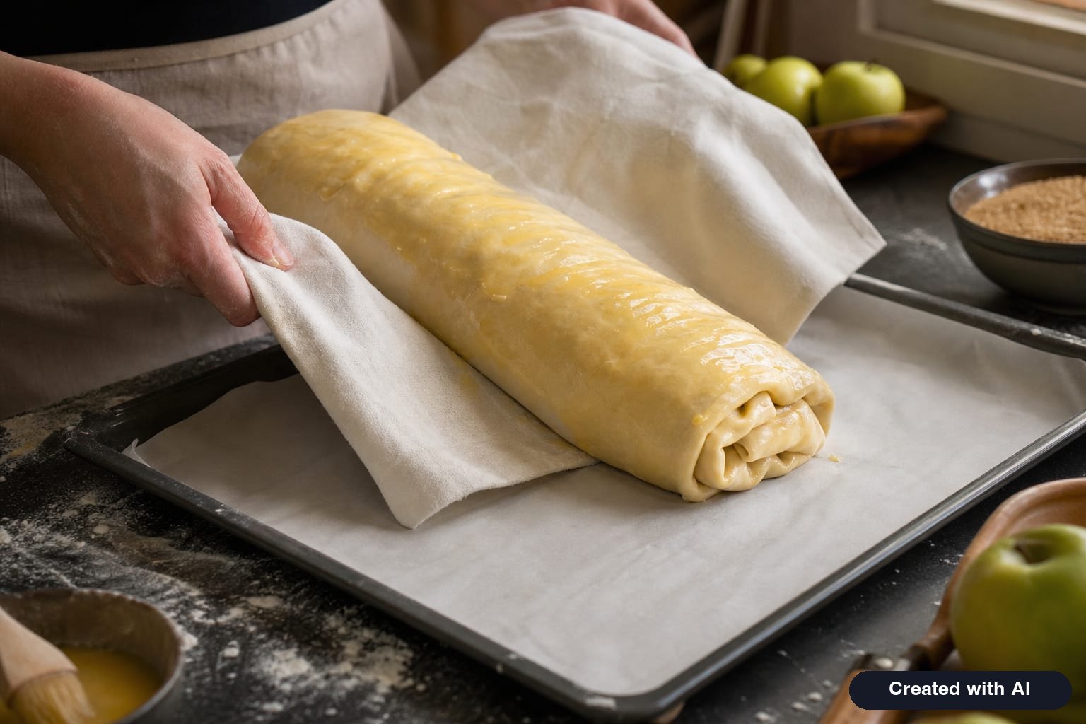 A butter-brushed apple strudel roll being transferred using a tablecloth onto a parchment-lined baking sheet