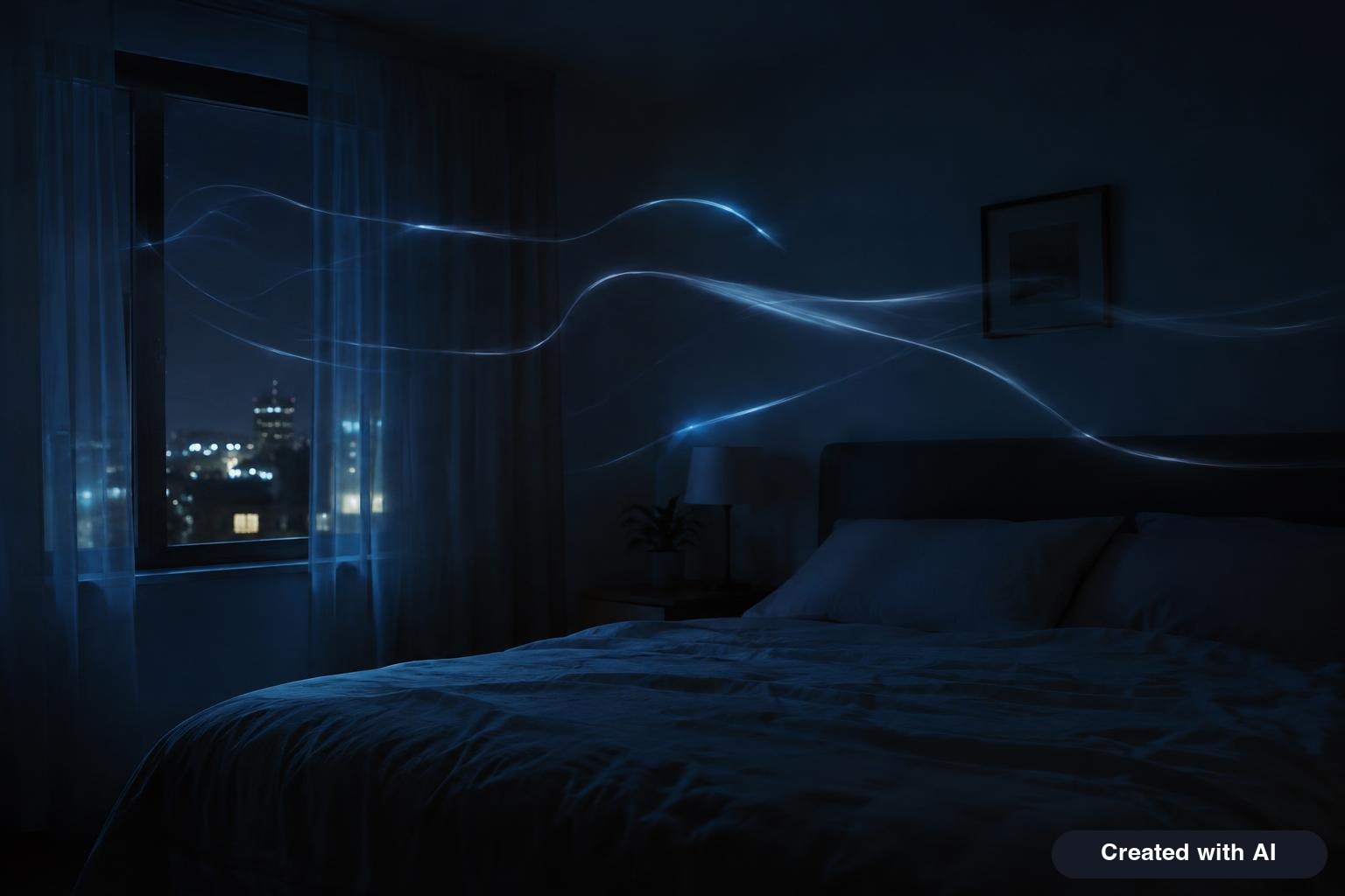 Long-exposure night photo of a quiet room with soft light trails drifting above an empty bed