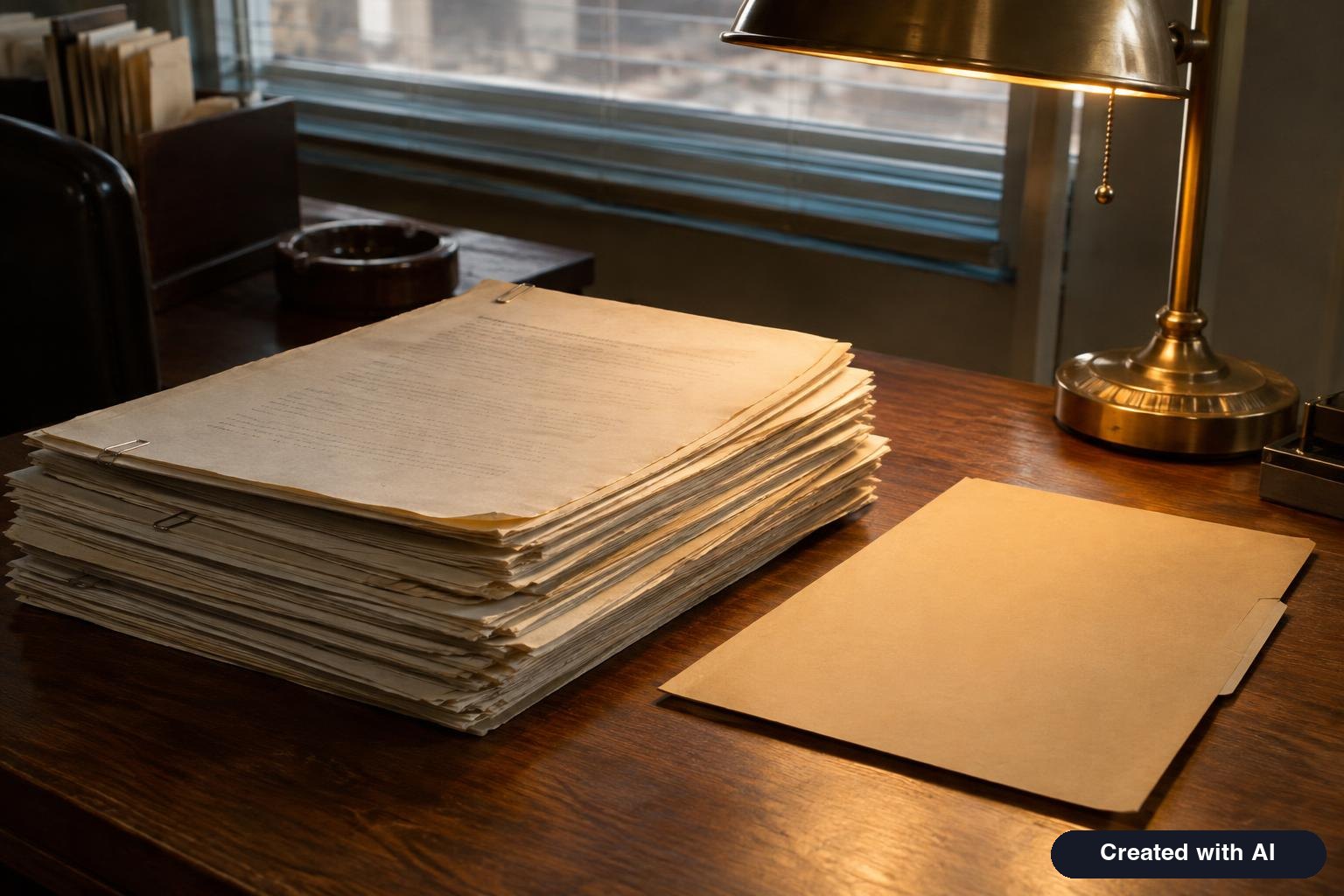 Stack of old typewritten paper files and a manila folder on a wooden desk under a desk lamp