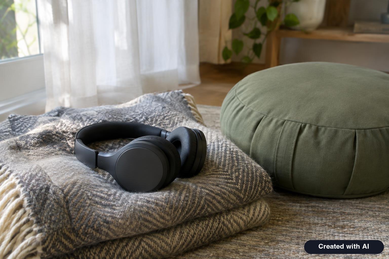 Over-ear headphones resting on a folded blanket beside a meditation cushion in a softly lit room