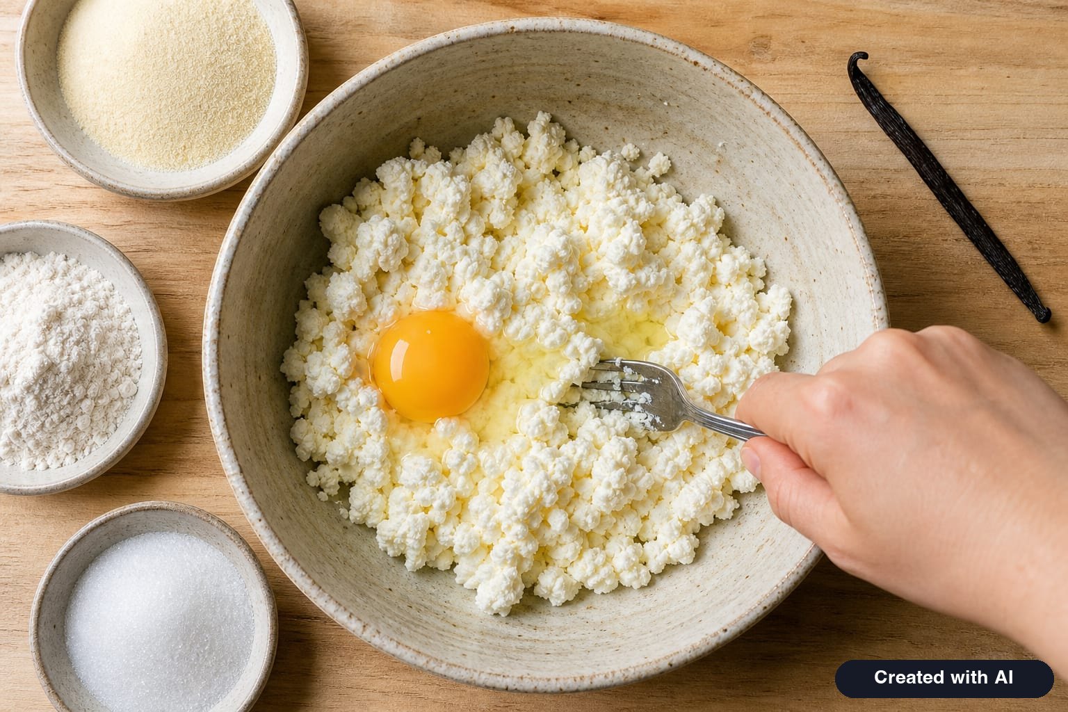 Farmer cheese mashed in a bowl with an egg, farina, and flour – dough for baked syrniki
